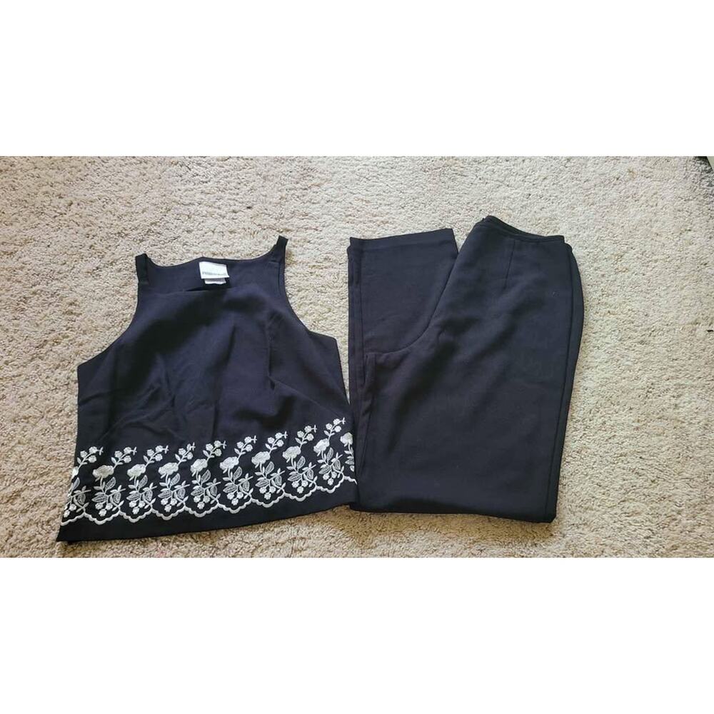 Fashion Bug Black Tank Top Pants Set Floral Embroidered Size 10 Outfit Vintage